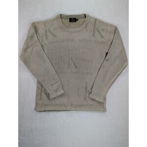 Calvin Klein Jeans Khakis Sz M Cotton Crewneck Sweater Embossed 90s/Y2K VTG